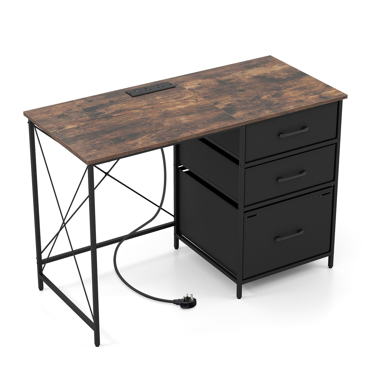 Computer Desk with Power Outlets and File Drawer for Home Office-Rustic Brown