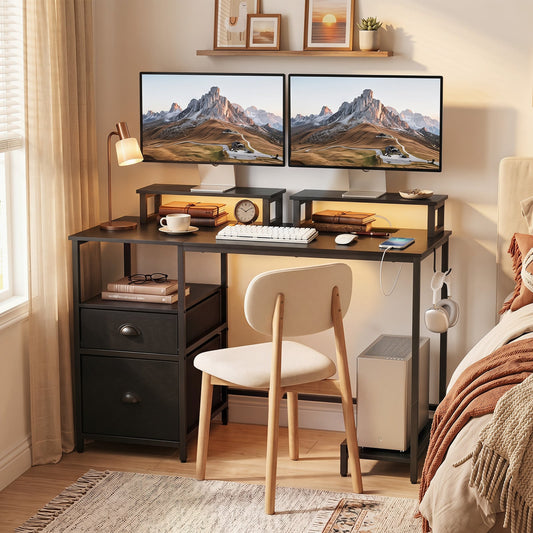Computer Desk with Power Outlets with 2 Monitor Shelves and CPU Stand-Black