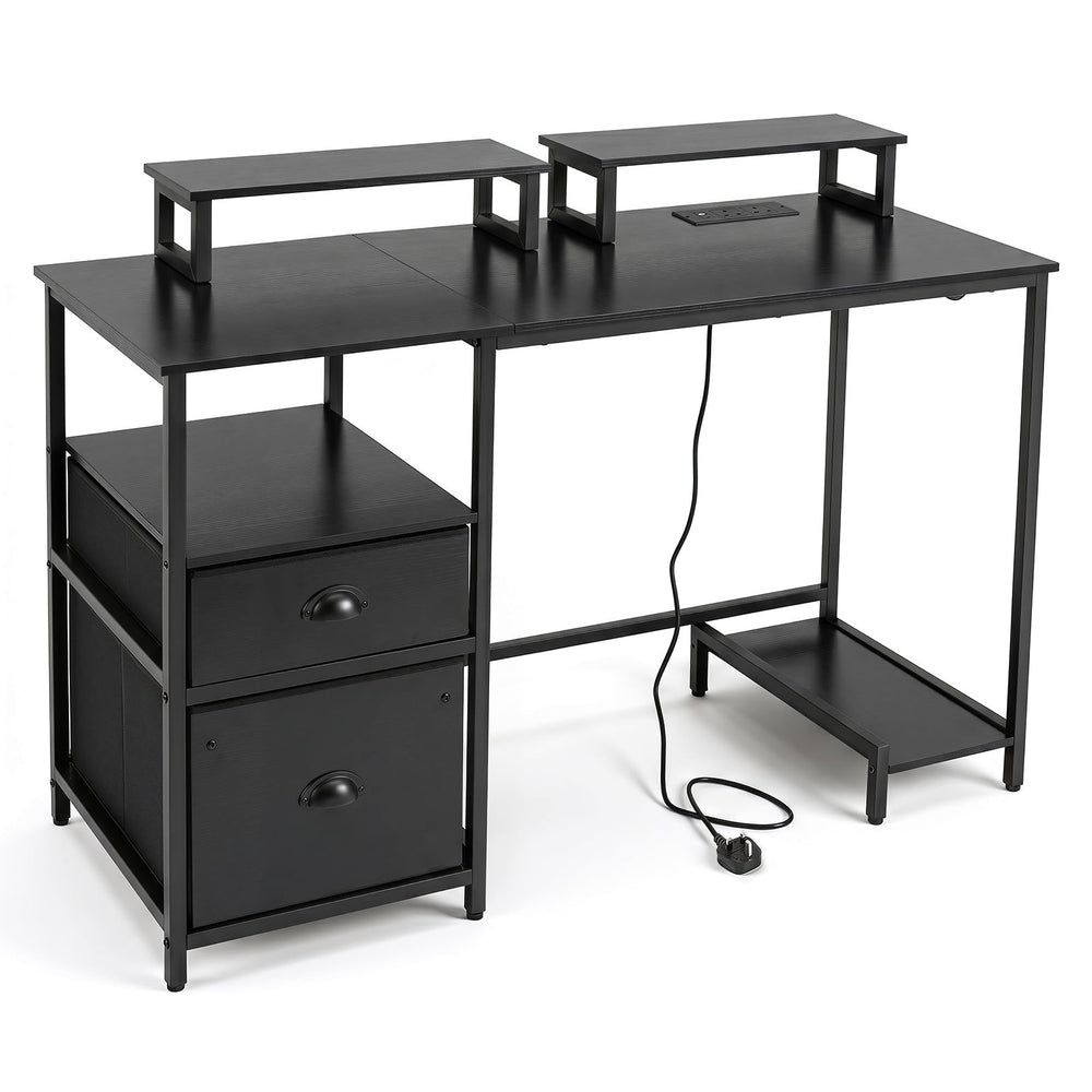 Computer Desk with Power Outlets with 2 Monitor Shelves and CPU Stand-Black