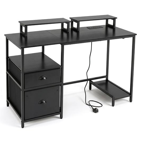 Computer Desk with Power Outlets with 2 Monitor Shelves and CPU Stand-Black