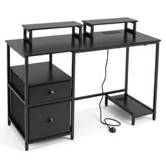 Computer Desk with Power Outlets with 2 Monitor Shelves and CPU Stand-Black