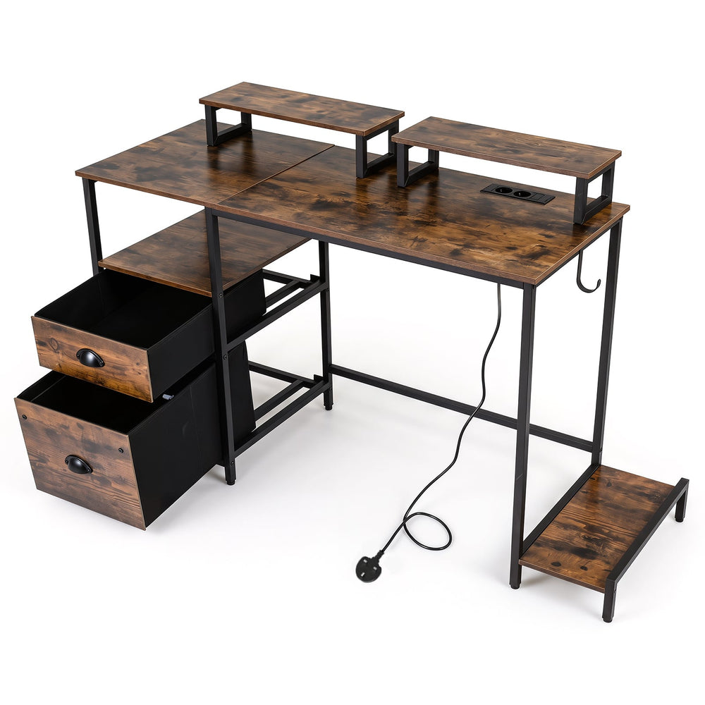 Computer Desk with Power Outlets with 2 Monitor Shelves and  CPU Stand-RusticBrown