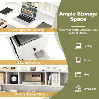 120 cm Computer Desk with 5-Cube Hutch and 2 Drawers-White
