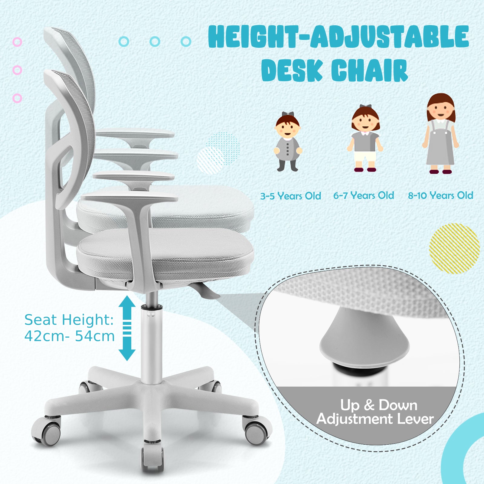 Kids Height-Adjustable Swivel Computer Desk Chair with Lumbar Support-Grey