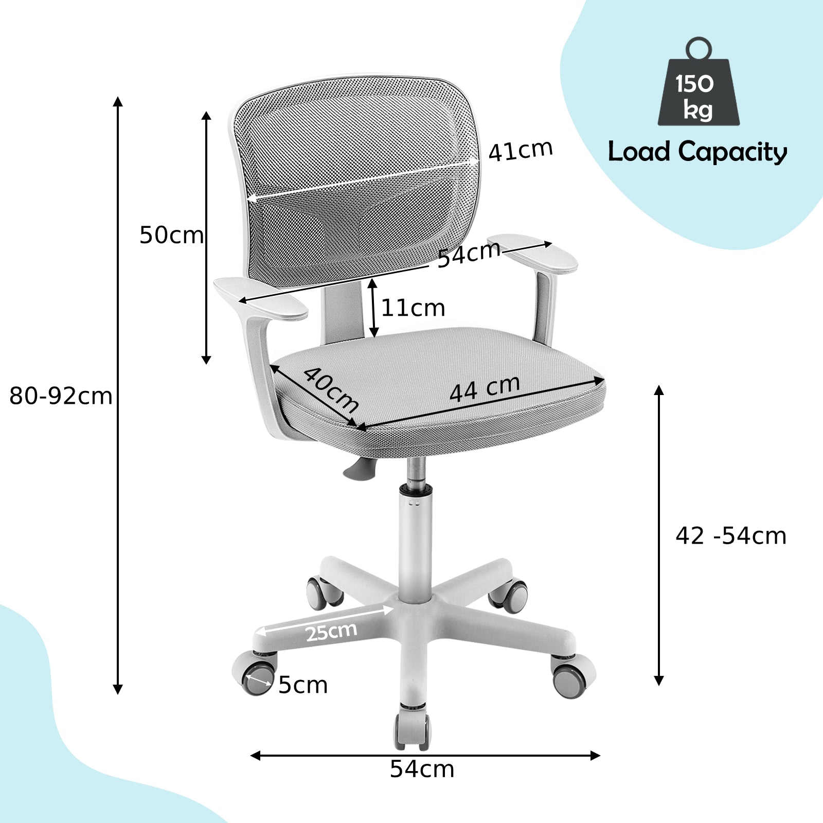 Kids Height-Adjustable Swivel Computer Desk Chair with Lumbar Support-Grey