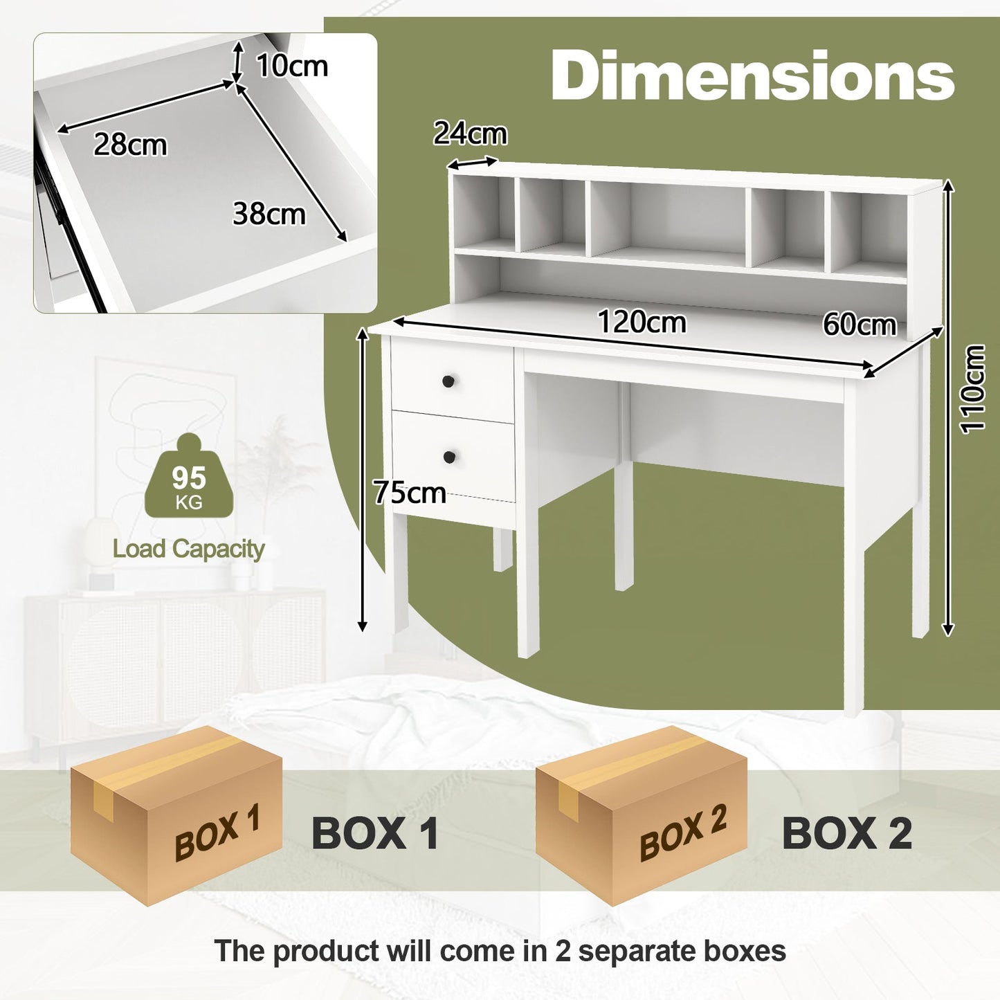 120 cm Computer Desk with 5-Cube Hutch and 2 Drawers-White