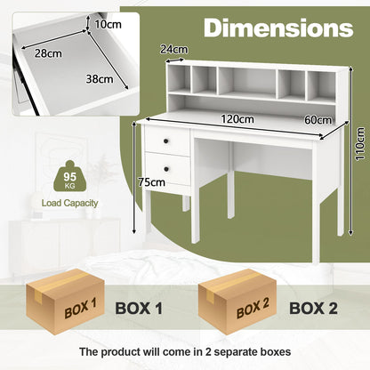 120 cm Computer Desk with 5-Cube Hutch and 2 Drawers-White