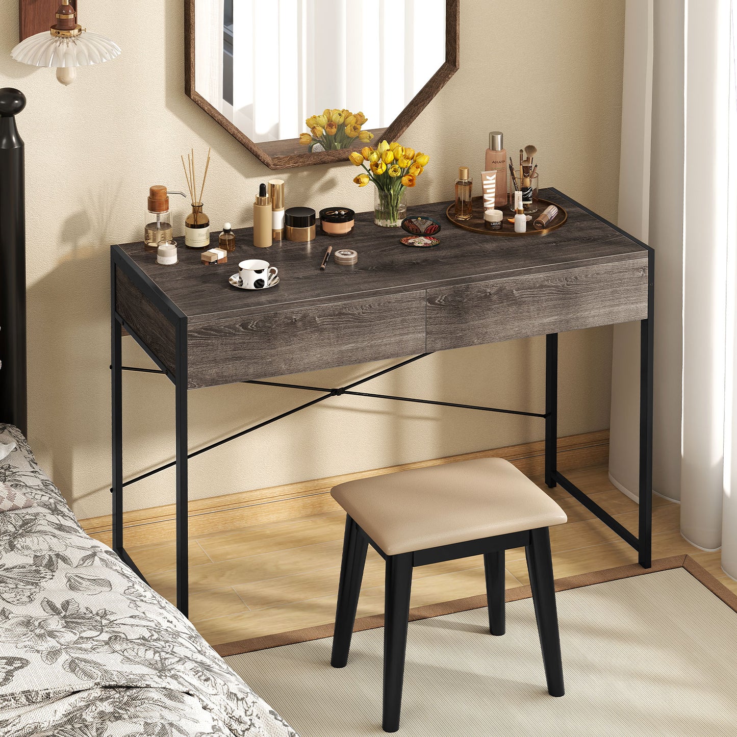 Computer Desk with 2 Drawers Vanity Table with Heavy-Duty Metal Frame-Grey