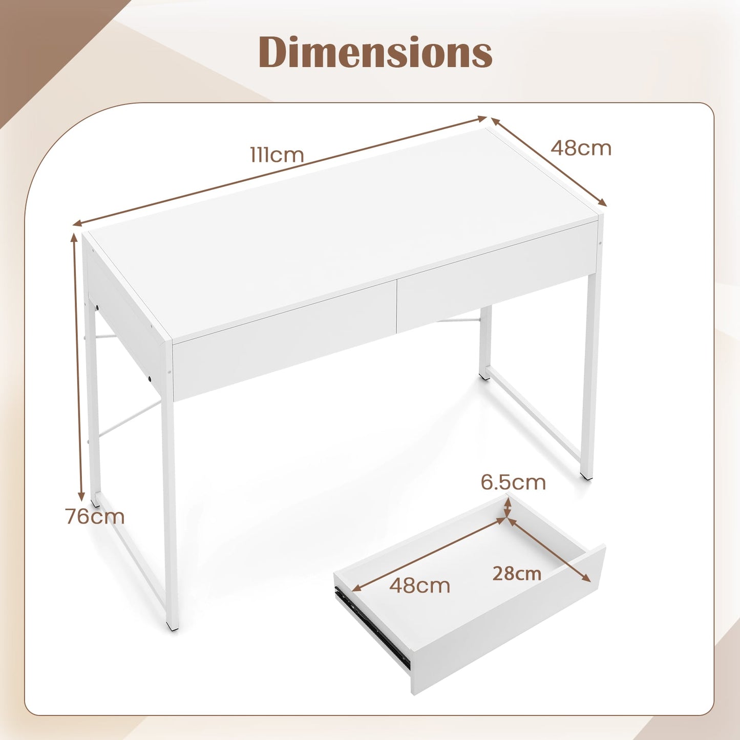 Computer Desk with 2 Drawers Vanity Table with Heavy-Duty Metal Frame-White