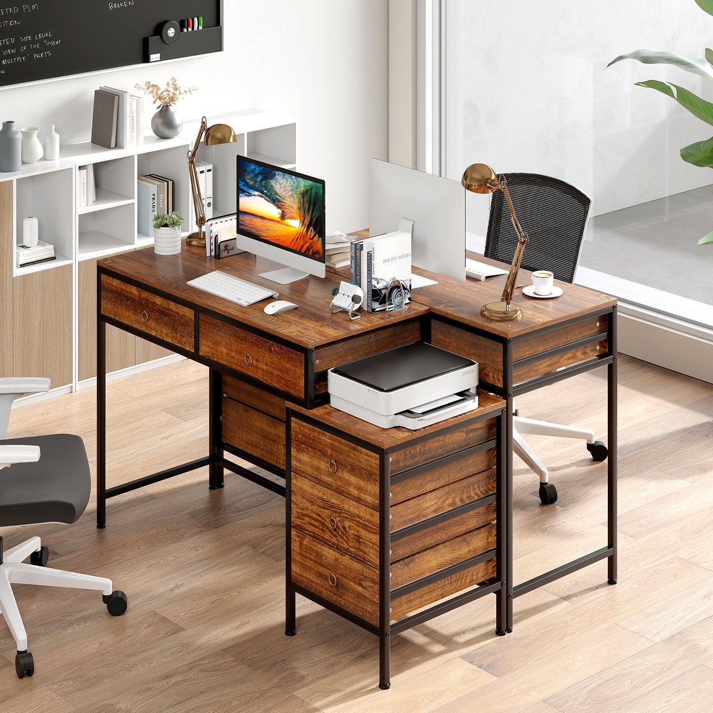 Computer Desk with 5 Drawers and Side File Cabinet-Rustic Brown