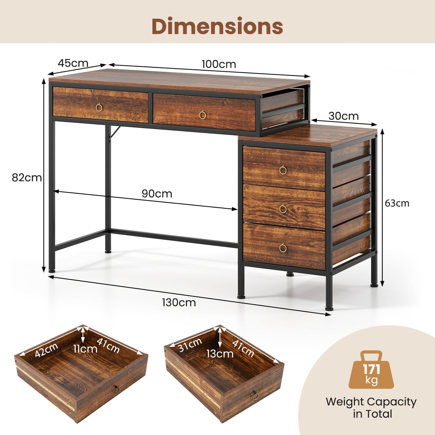 Computer Desk with 5 Drawers and Side File Cabinet-Rustic Brown