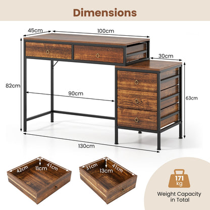 Computer Desk with 5 Drawers and Side File Cabinet-Rustic Brown