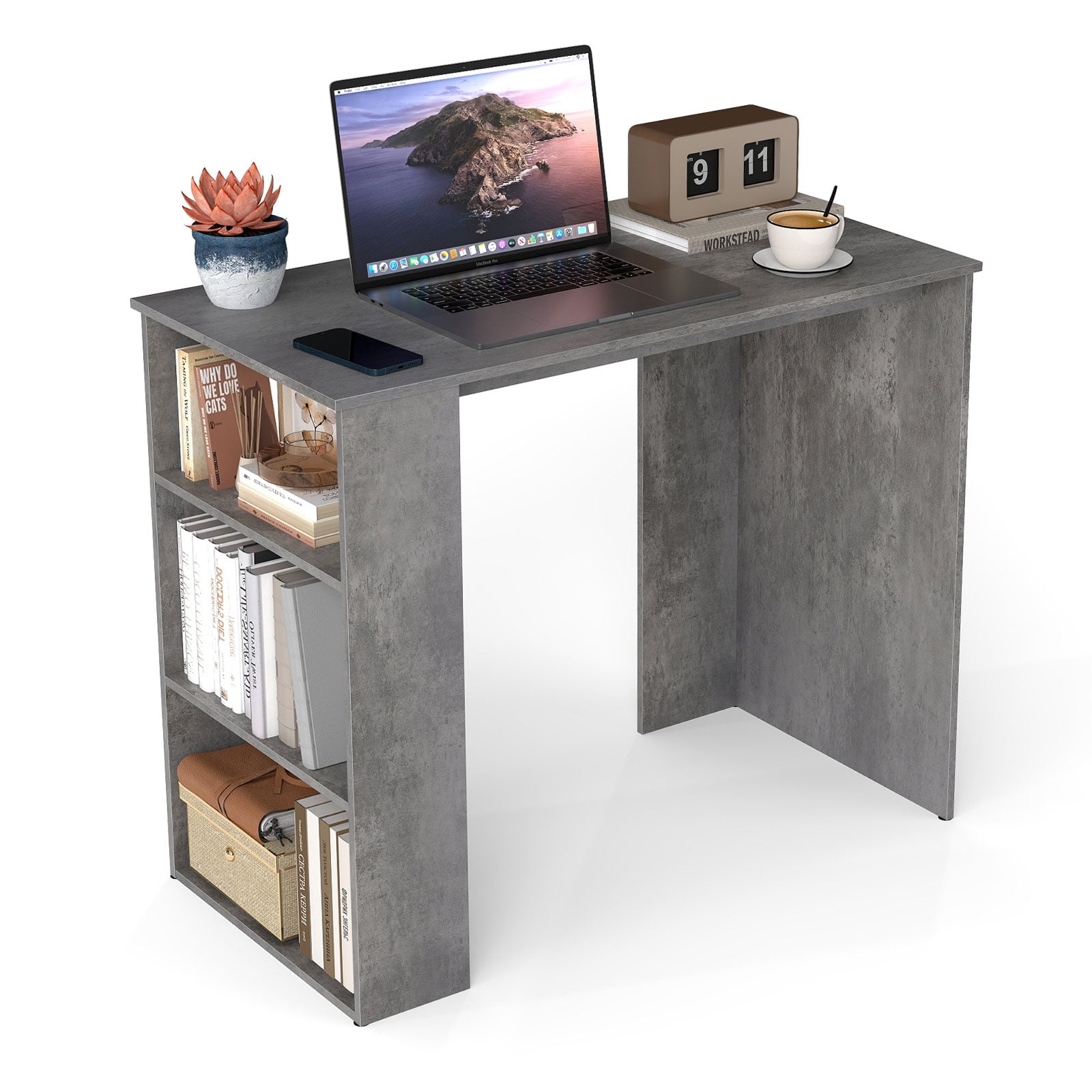 Computer Desk with Bookshelf for Study Living Room-Grey