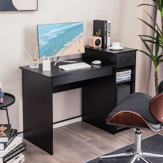 Wooden Computer Desk with Drawer &amp; Shelves 104 x 50 x 82 cm Black