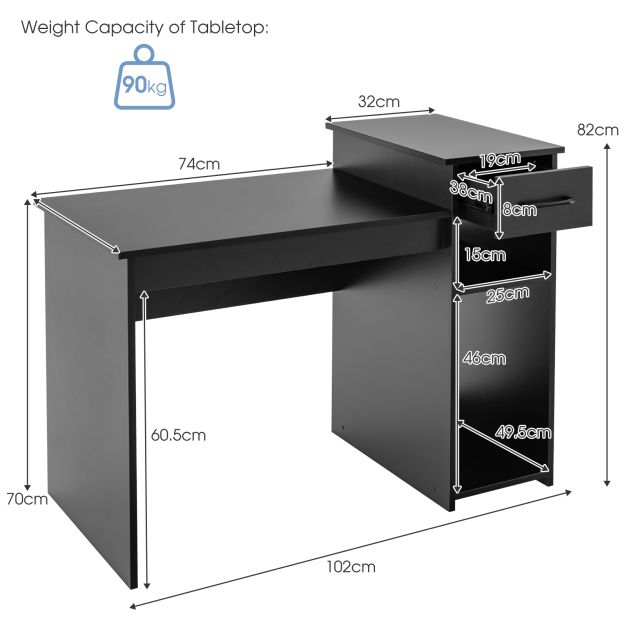 Wooden Computer Desk with Drawer &amp; Shelves 104 x 50 x 82 cm Black
