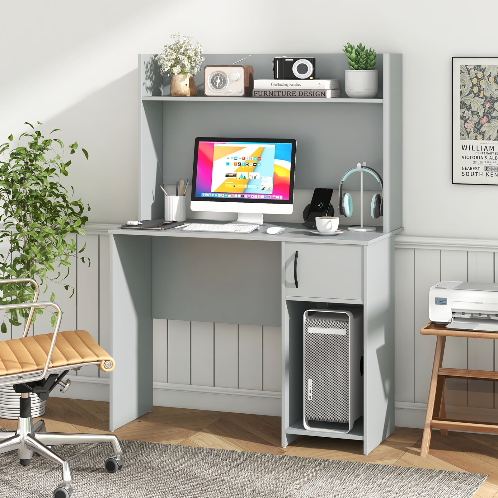 Computer Desk with Hutch and 2 Open Shelves-Grey