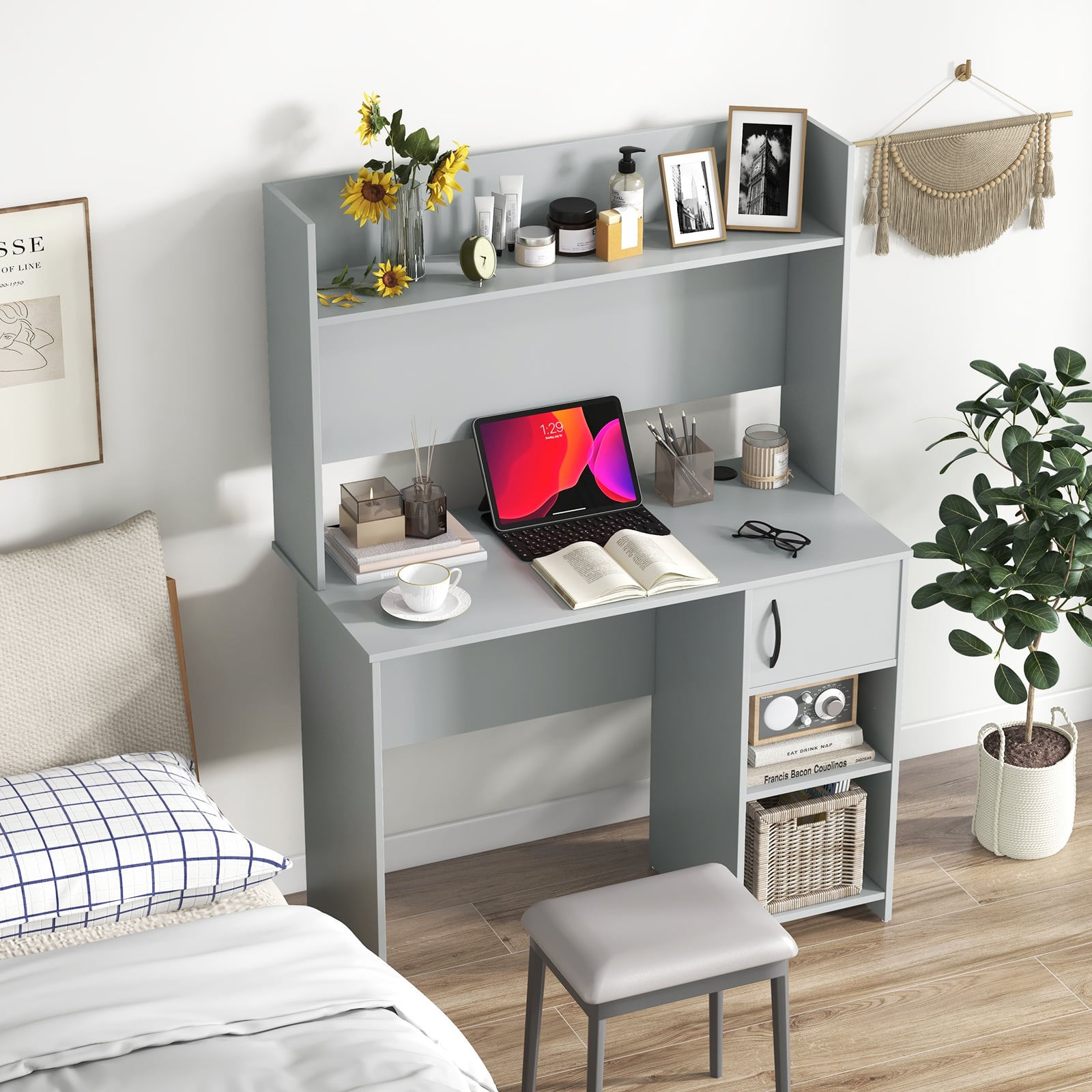 Computer Desk with Hutch and 2 Open Shelves-Grey