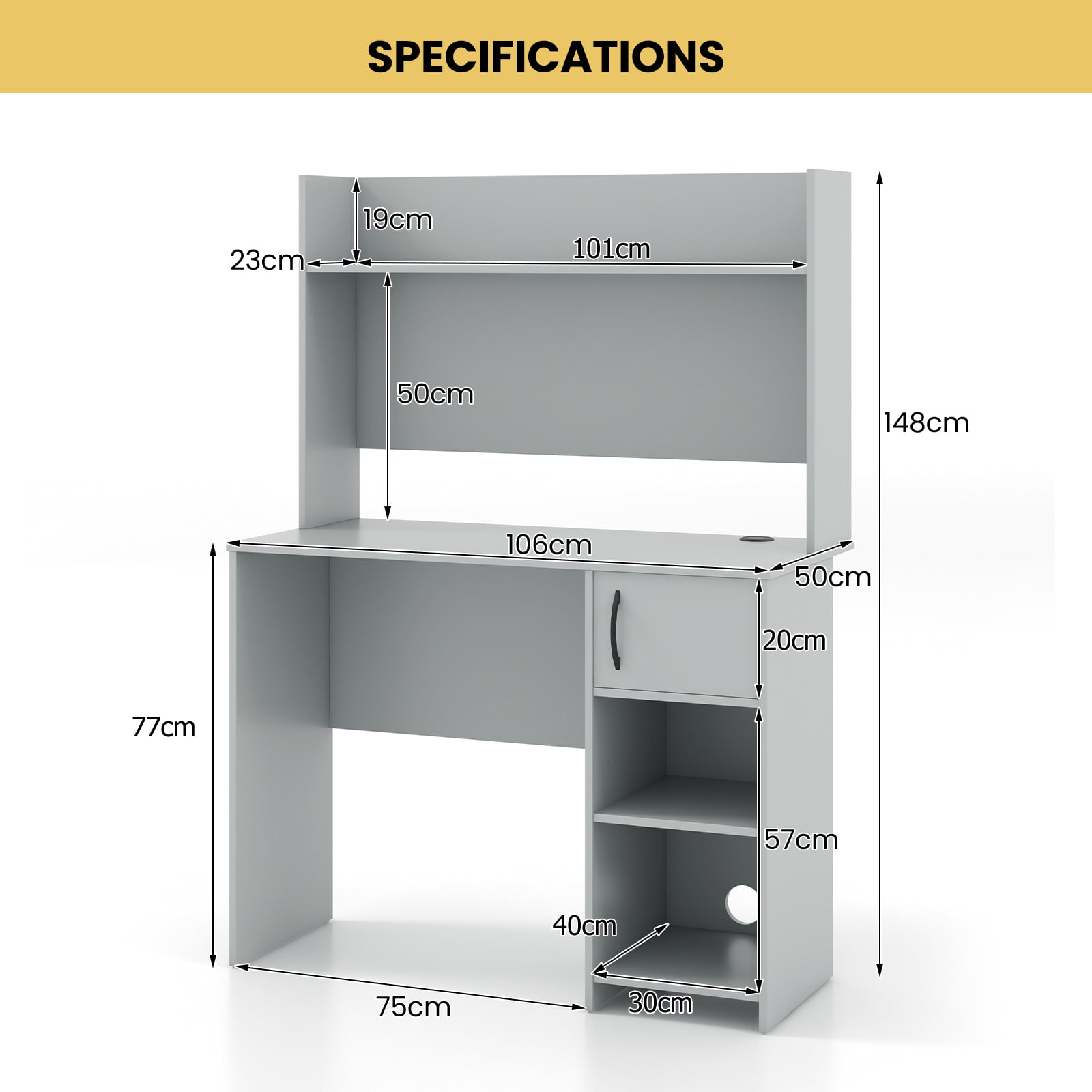 Computer Desk with Hutch and 2 Open Shelves-Grey