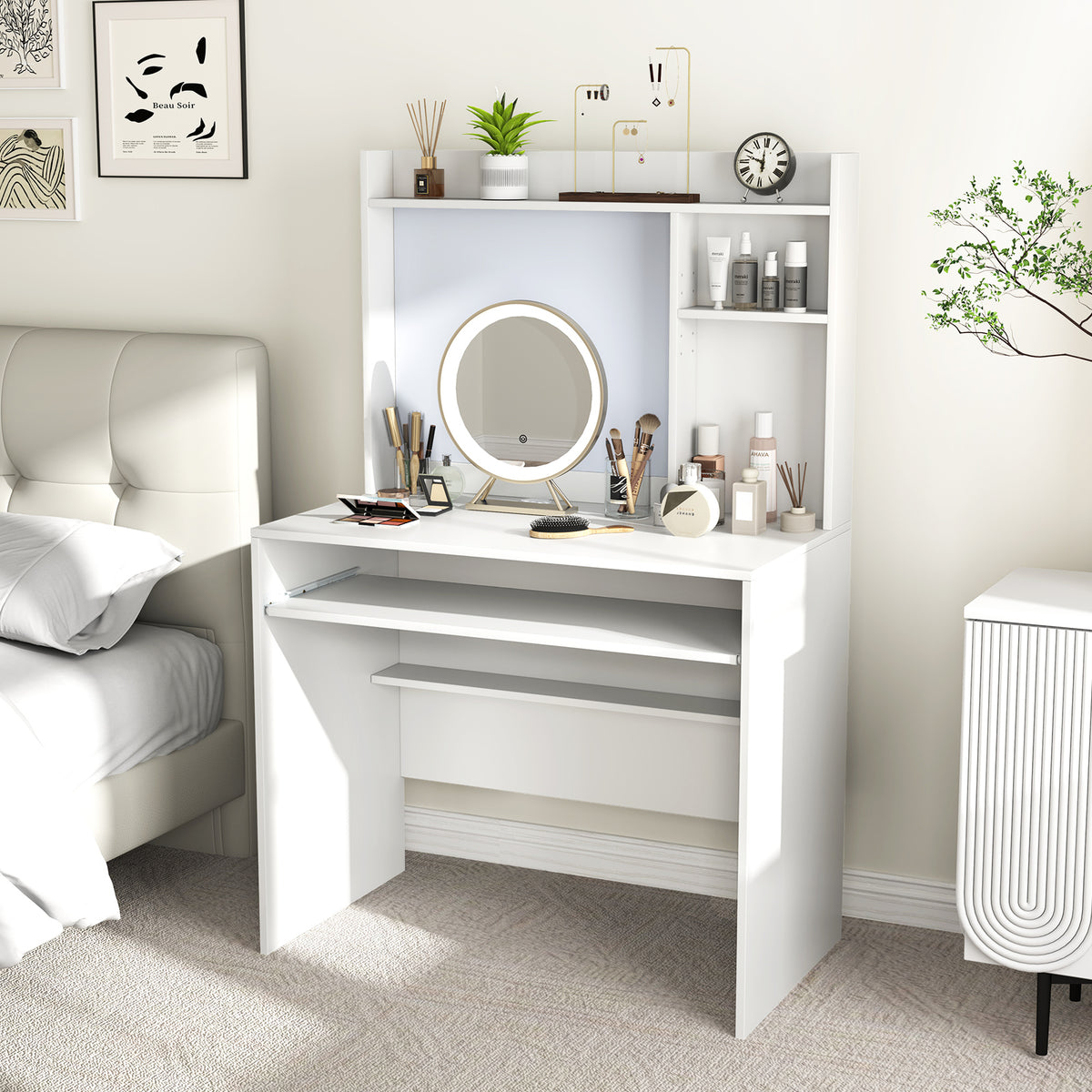 Computer Desk with Magnetic Bulletin Board and Keyboard Tray-White