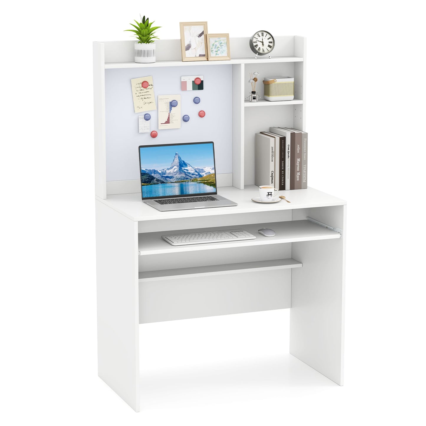 Computer Desk with Magnetic Bulletin Board and Keyboard Tray-White