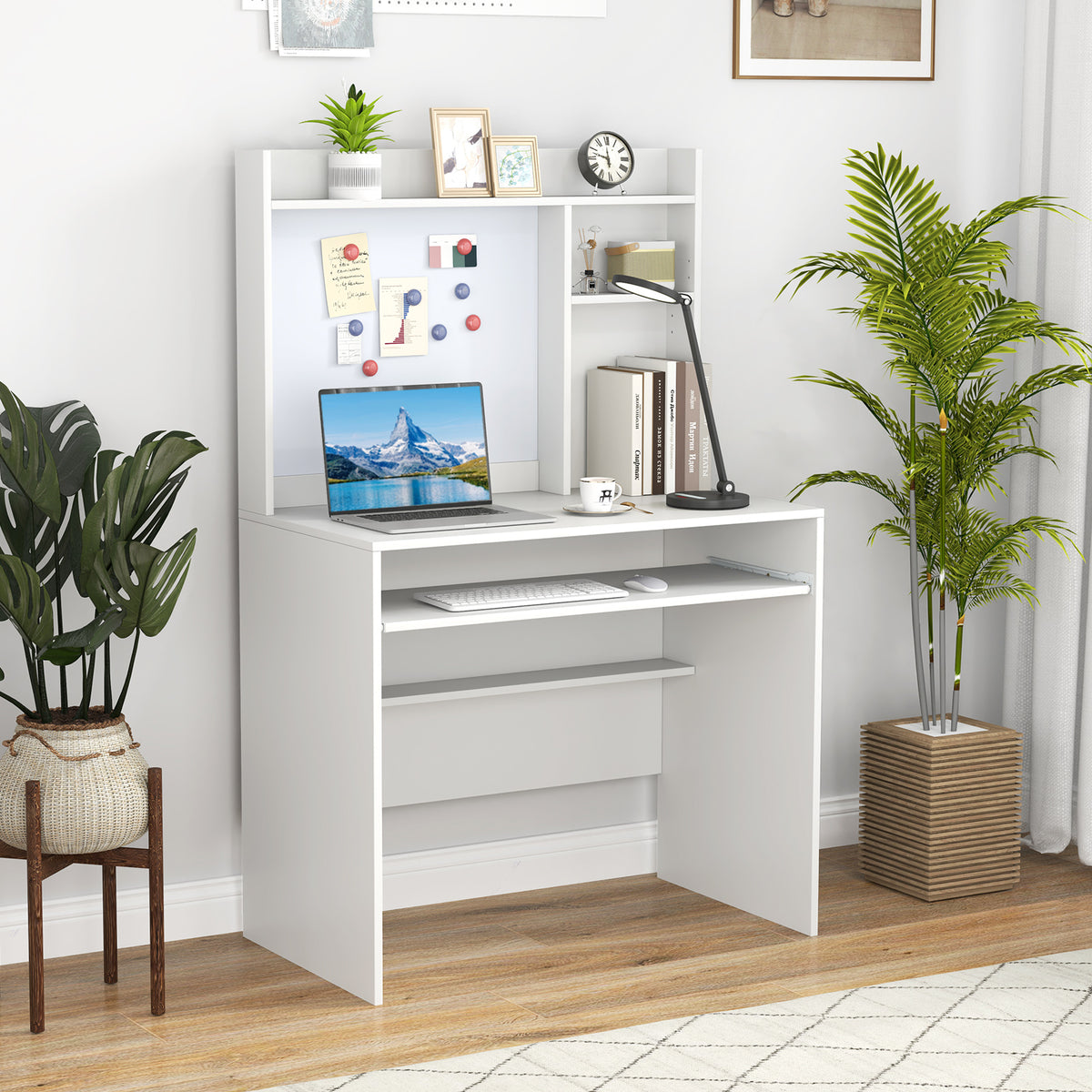 Computer Desk with Magnetic Bulletin Board and Keyboard Tray-White