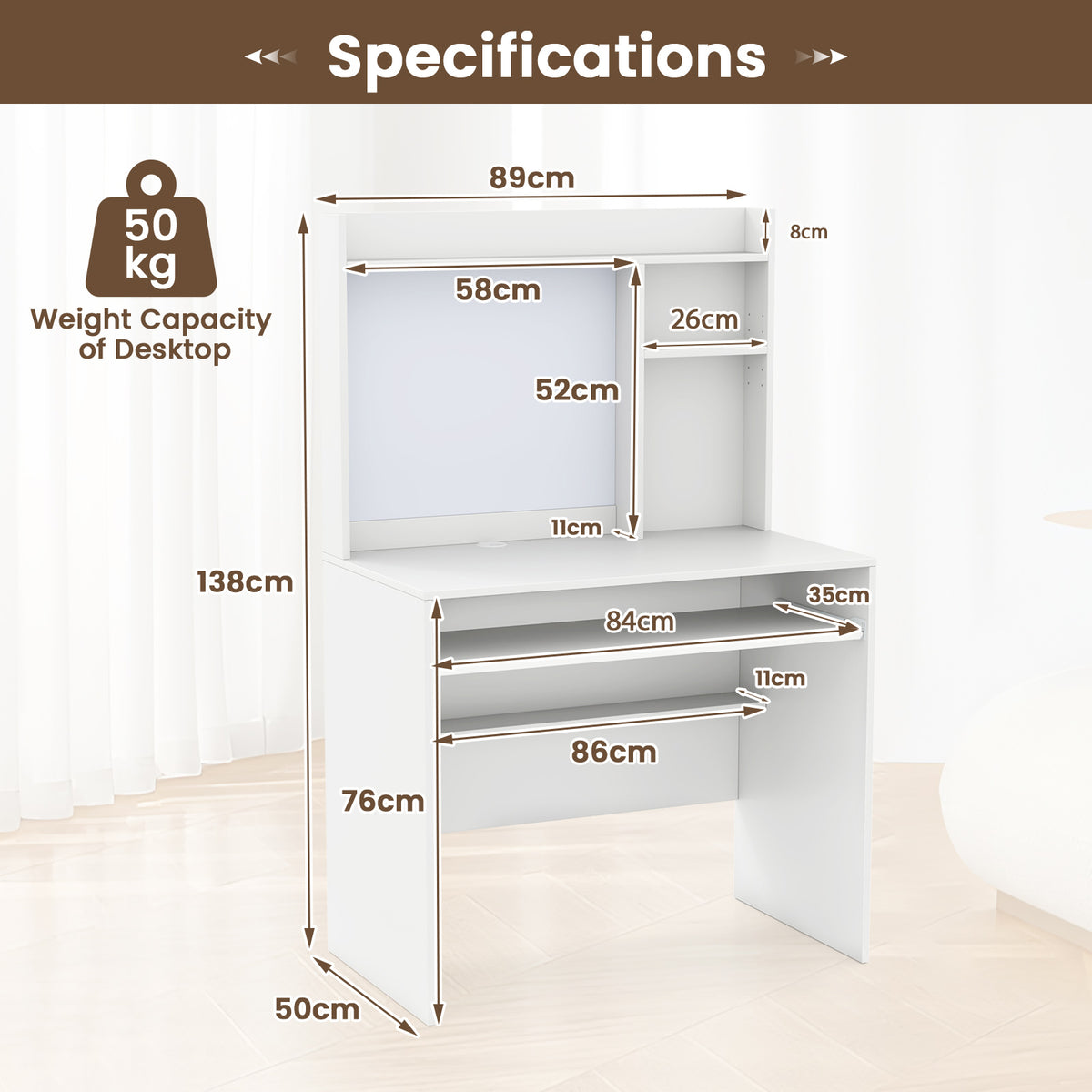 Computer Desk with Magnetic Bulletin Board and Keyboard Tray-White