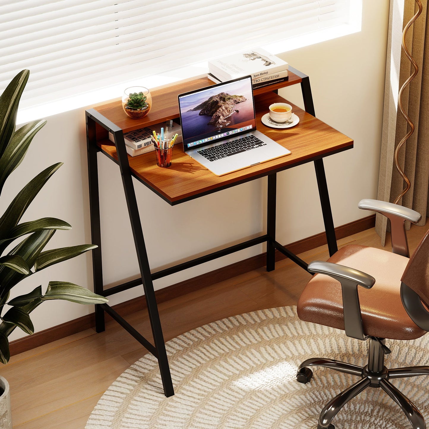 Computer Desk with Monitor Stand 80 CM Small Desk Compact Desk-Brown