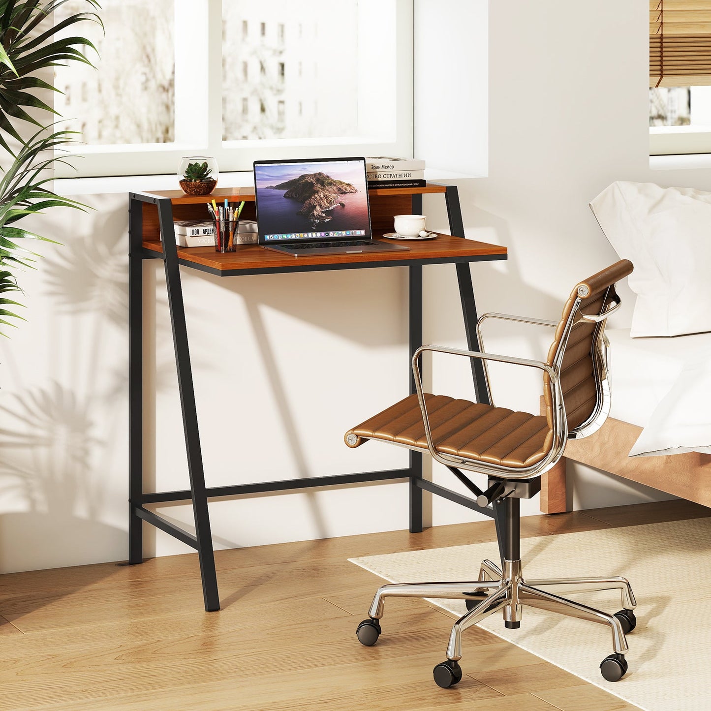 Computer Desk with Monitor Stand 80 CM Small Desk Compact Desk-Brown