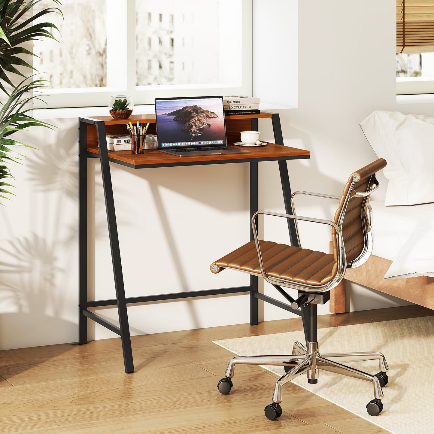 Computer Desk with Monitor Stand 80 CM Small Desk Compact Desk-Brown