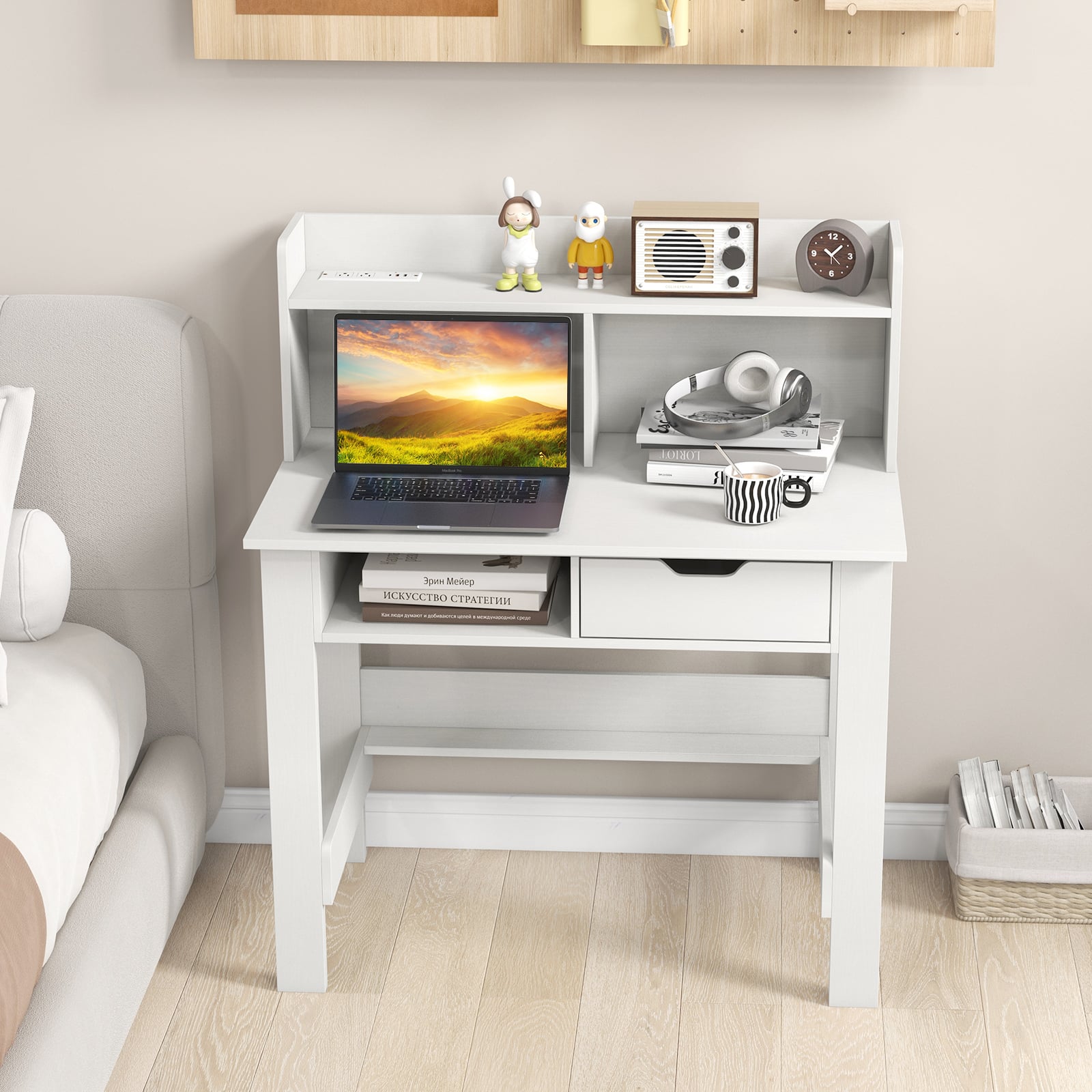 Computer Desk with Power Outlets and USB Port and Type-C-White