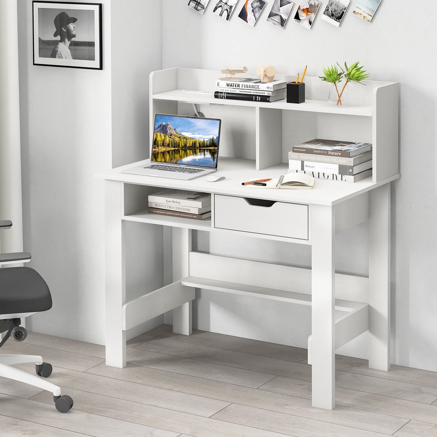 Computer Desk with Power Outlets and USB Port and Type-C-White
