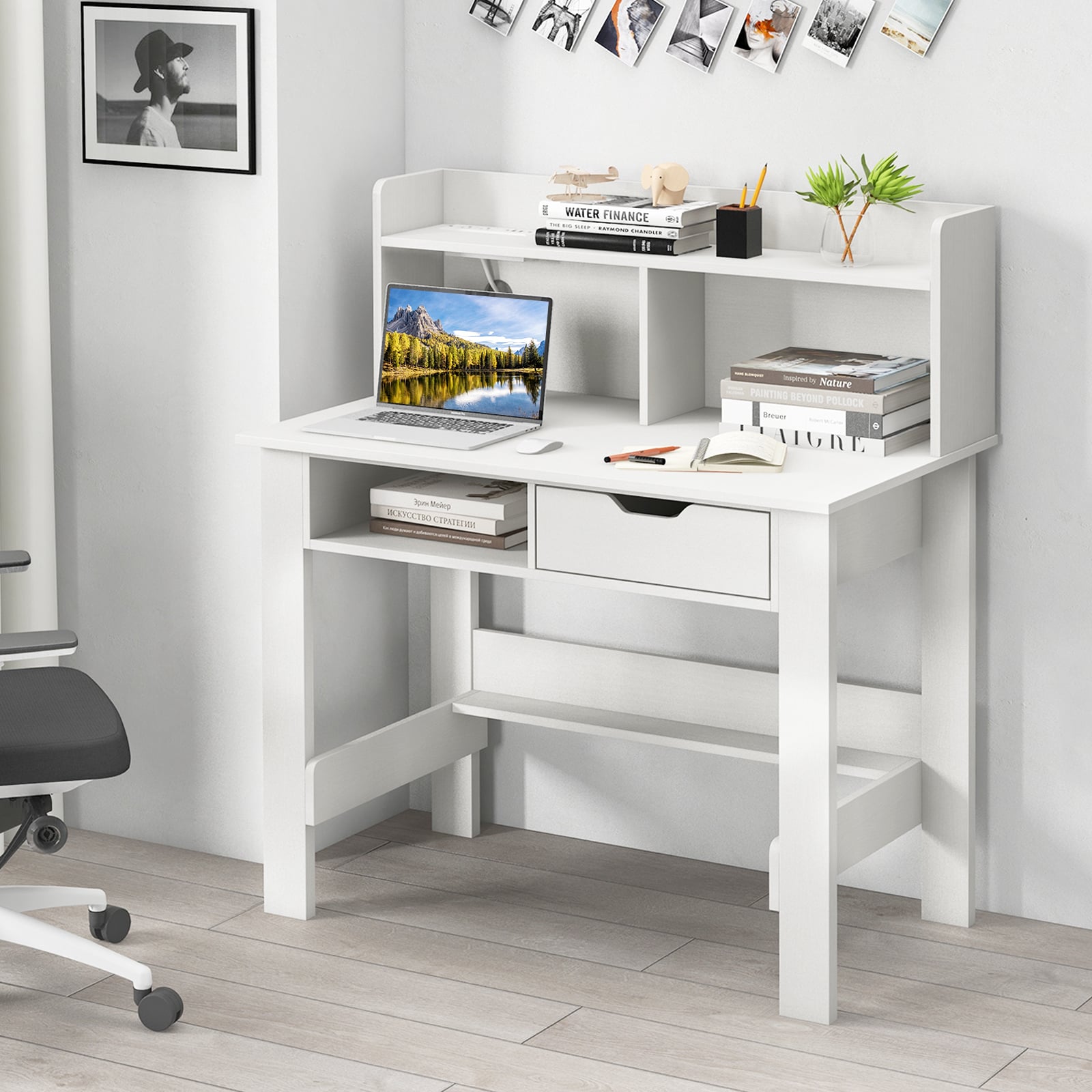 Computer Desk with Power Outlets and USB Port and Type-C-White