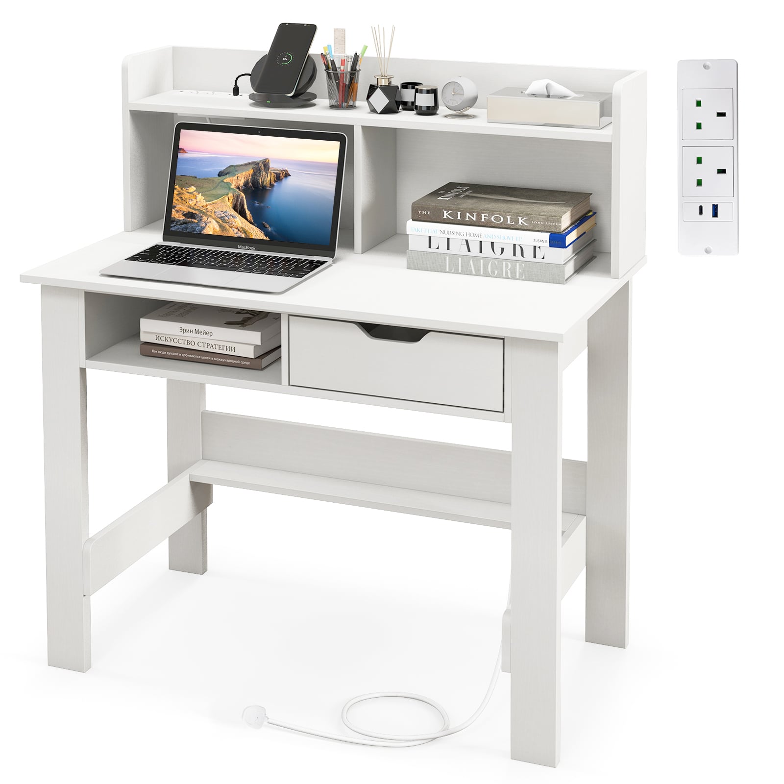 Computer Desk with Power Outlets and USB Port and Type-C-White