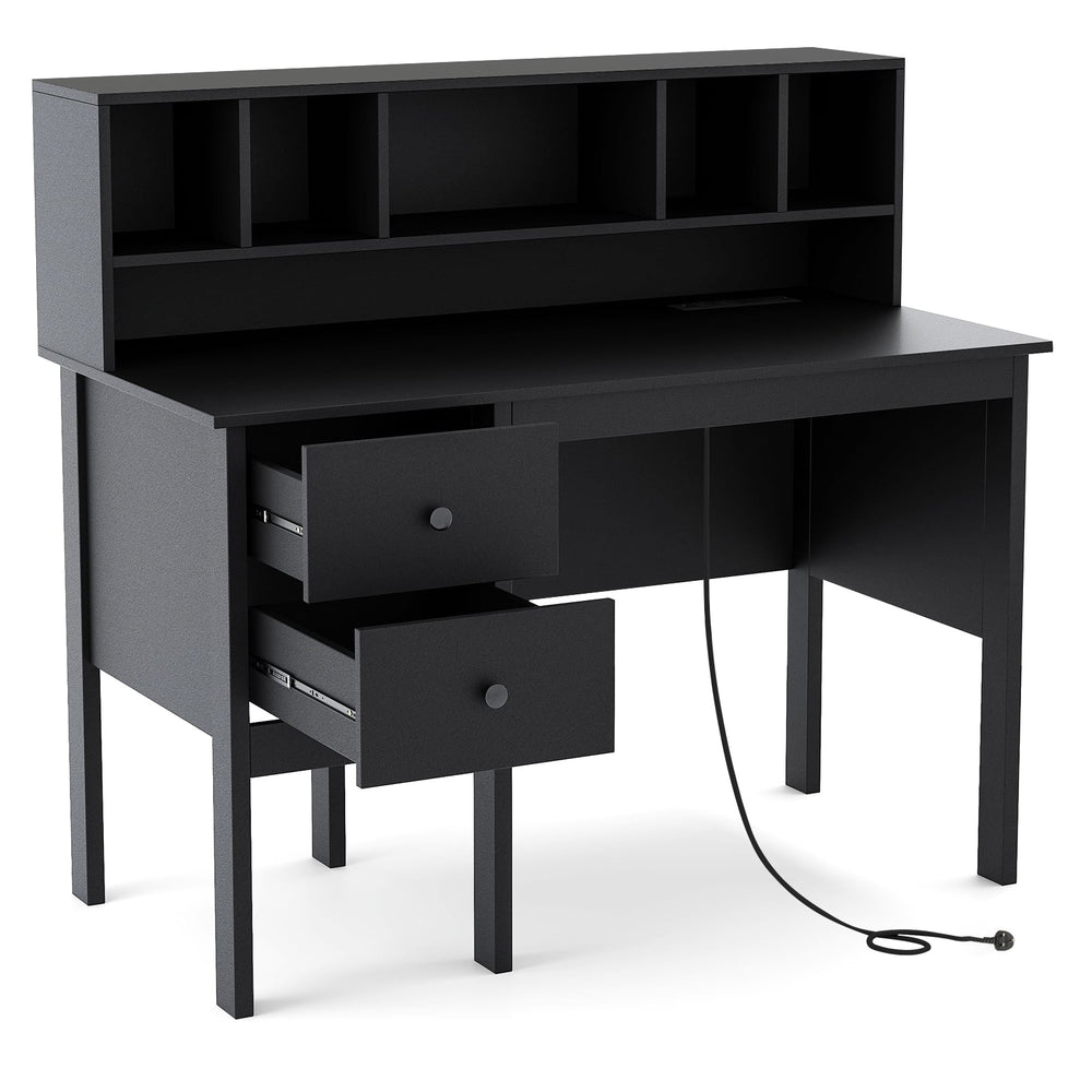 Computer Desk with Power Outlets and Hutch-Black