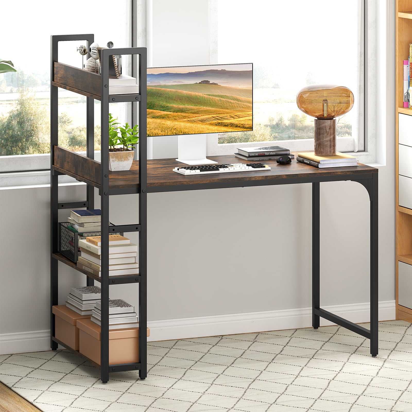 Computer Desk with Power Strip 120 CM Study Writing Desk with Bookshelf-Rustic Brown