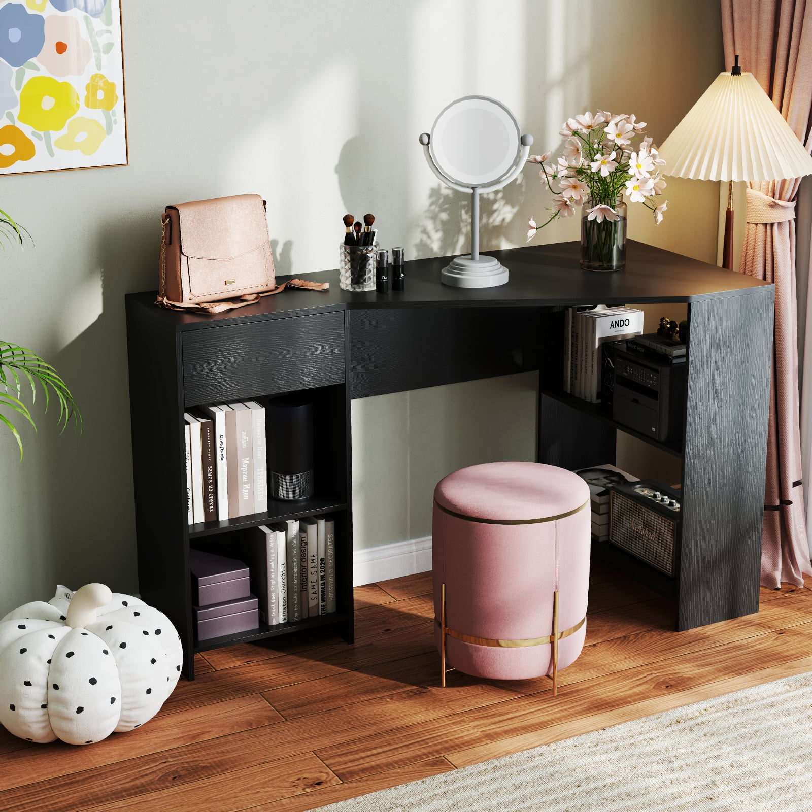 L-Shaped Computer Desk with Storage and Open Shelves for Living Room Bedroom-Black