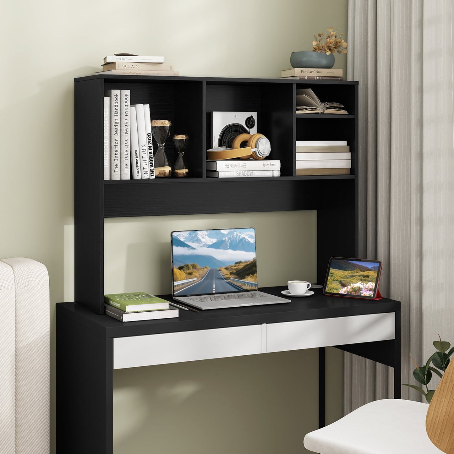 Computer Desktop Bookcase with 4 Cubbies and Open Back Compartment-Black