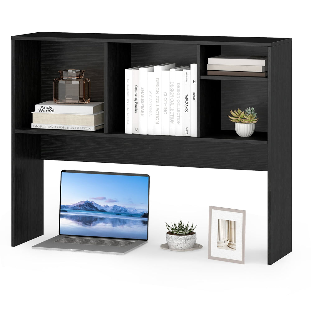 Computer Desktop Bookcase with 4 Cubbies and Open Back Compartment-Black