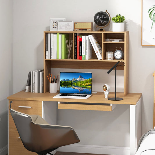Computer Desktop Bookcase with 4 Cubbies and Open Back Compartment-Natural