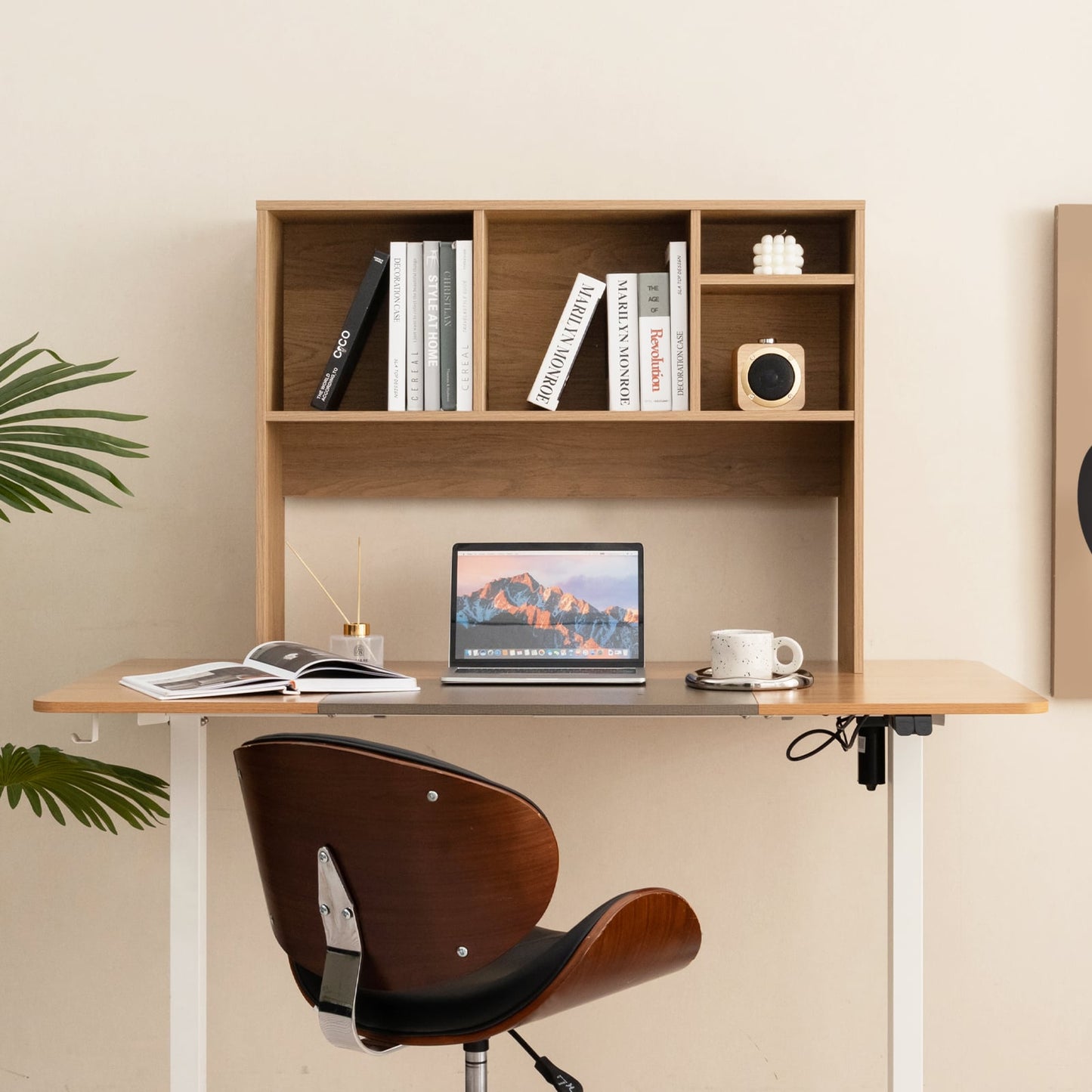 Computer Desktop Bookcase with 4 Cubbies and Open Back Compartment-Natural