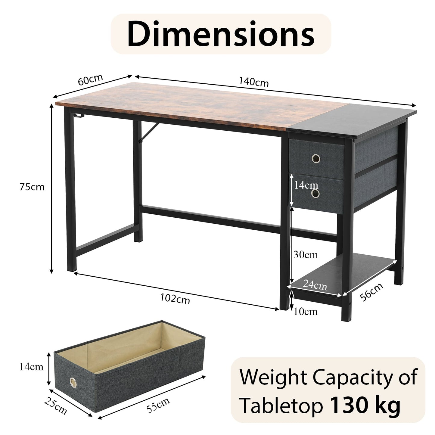 140cm Office Desk Computer Workstation with 2 Drawers and Hook-M