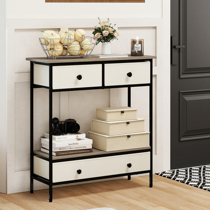 Console Table Industrial Entryway Table with 3 Fabric Drawers-Grey
