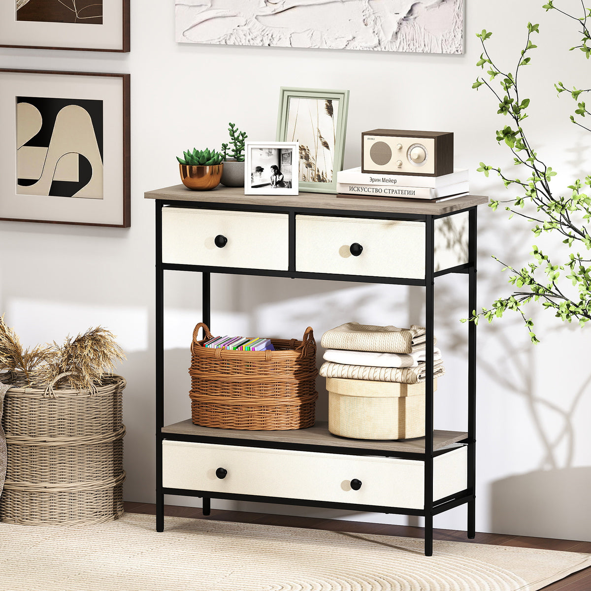 Console Table Industrial Entryway Table with 3 Fabric Drawers-Grey