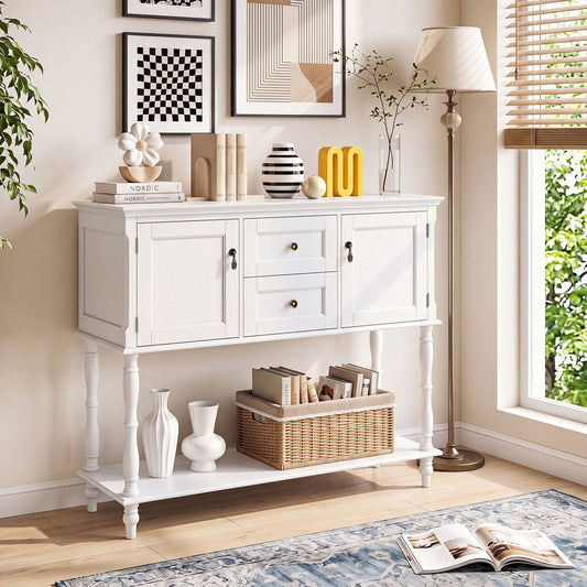 Console Table with 2 Drawers and 2 Door Cabinets for Entryway-White