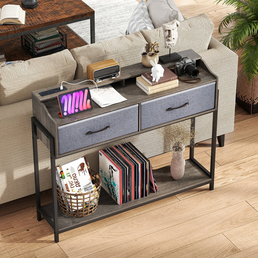 Console Table with Charging Station 110cm Entryway Table with 2 Drawers-Grey