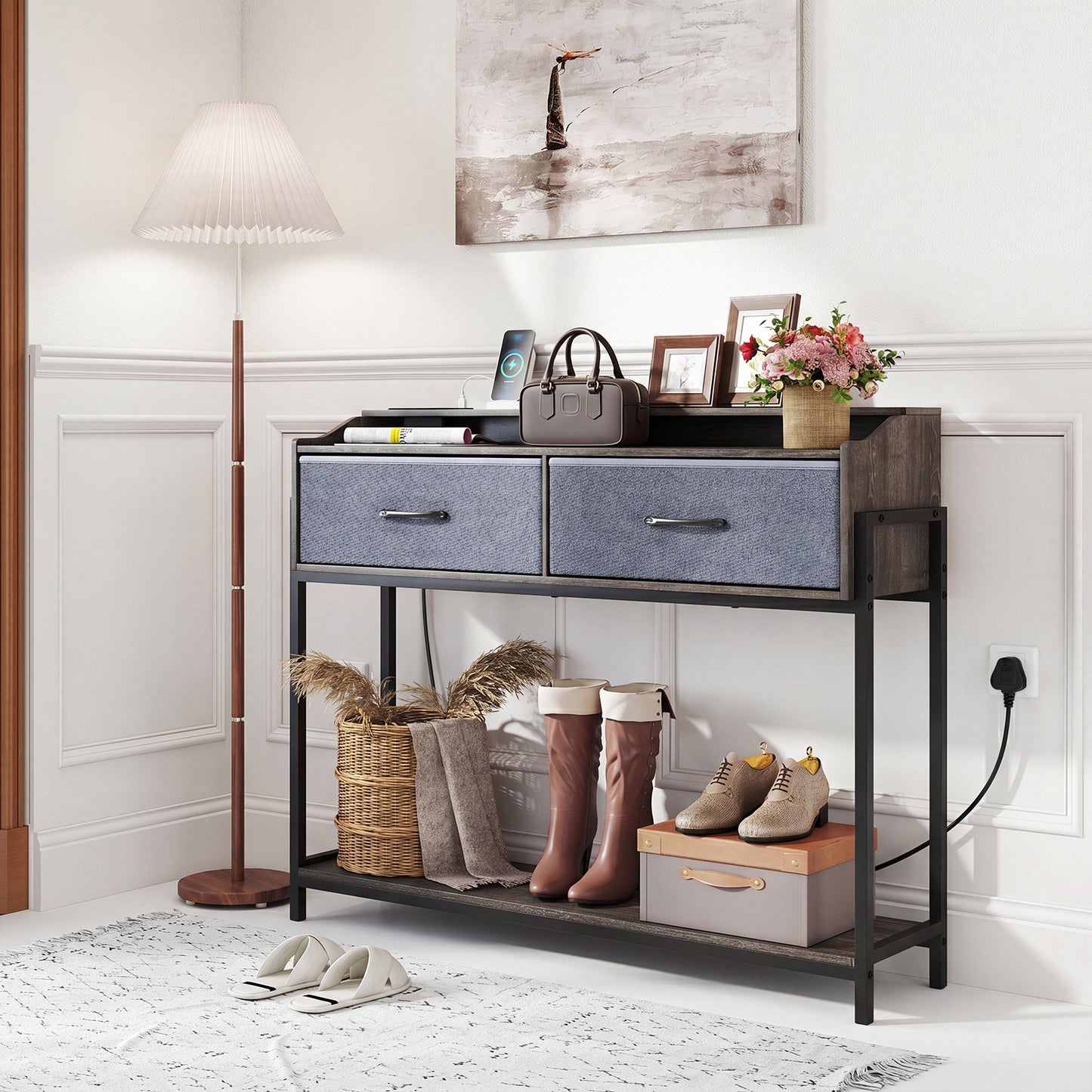 Console Table with Charging Station 110cm Entryway Table with 2 Drawers-Grey