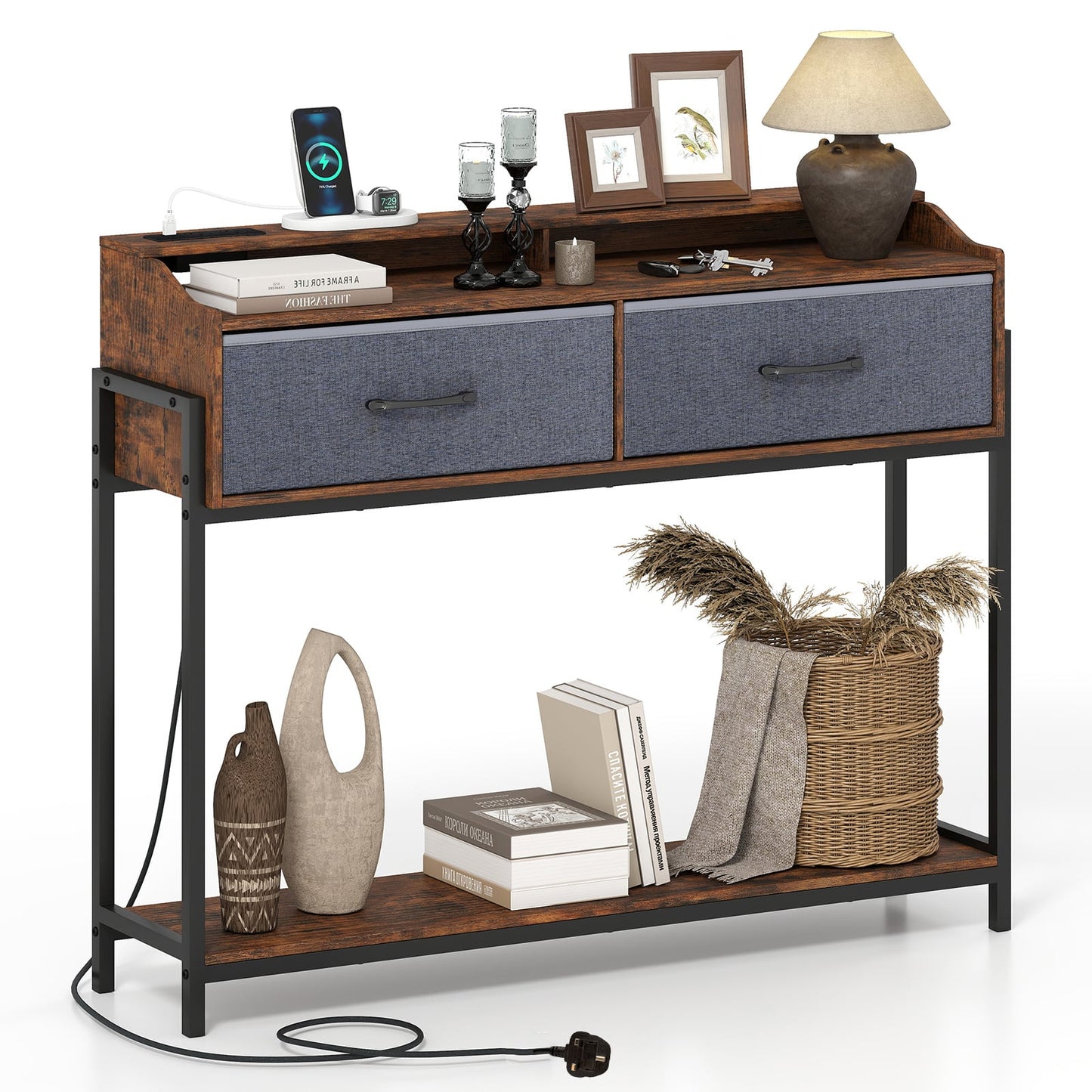 Console Table with Charging Station 110cm Entryway Table with 2 Drawers-Rusticbrown