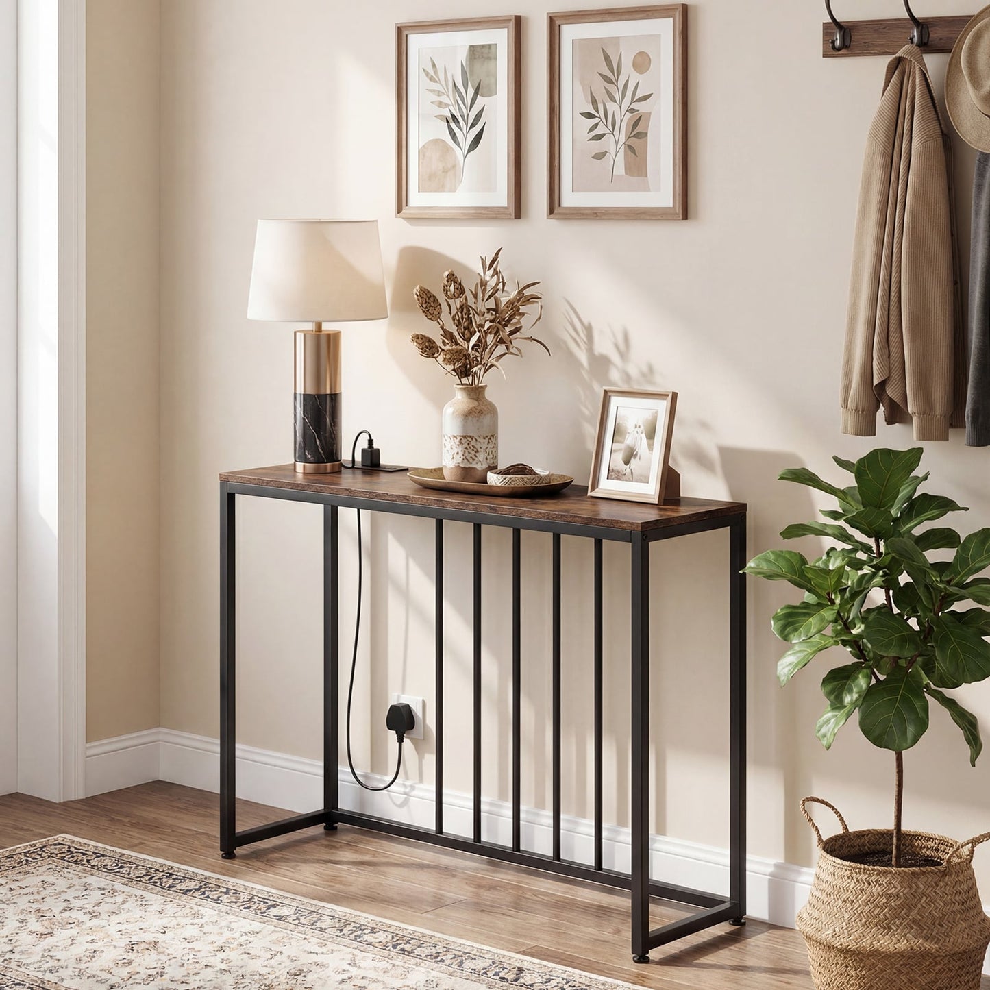 Console Table with Charging Station and Power Outlets for Hallway-Rustic Brown