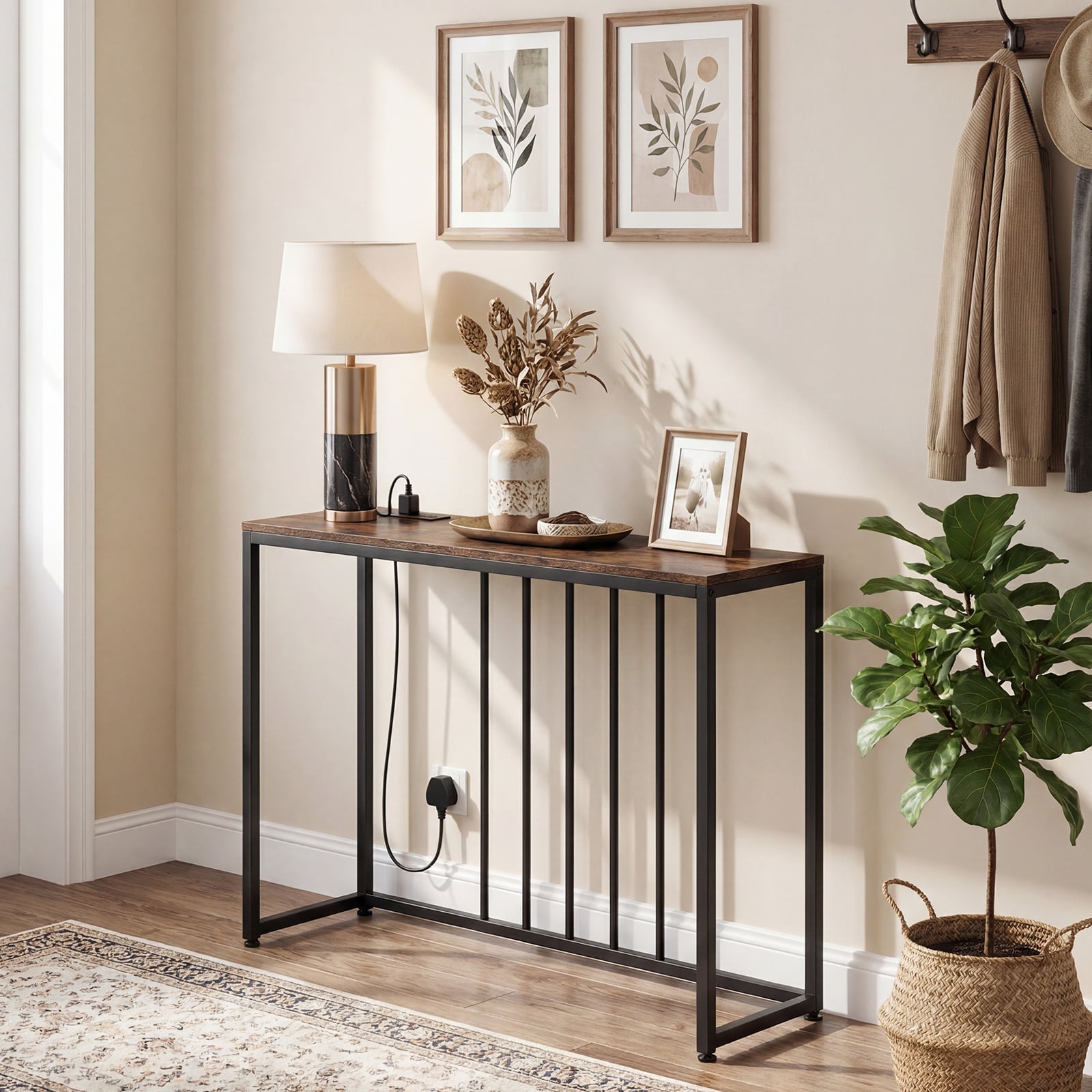 Console Table with Charging Station and Power Outlets for Hallway-Rustic Brown