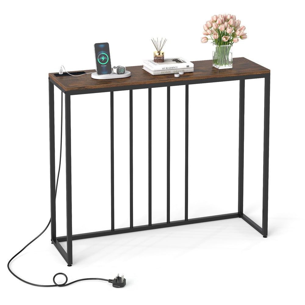 Console Table with Charging Station and Power Outlets for Hallway-Rustic Brown